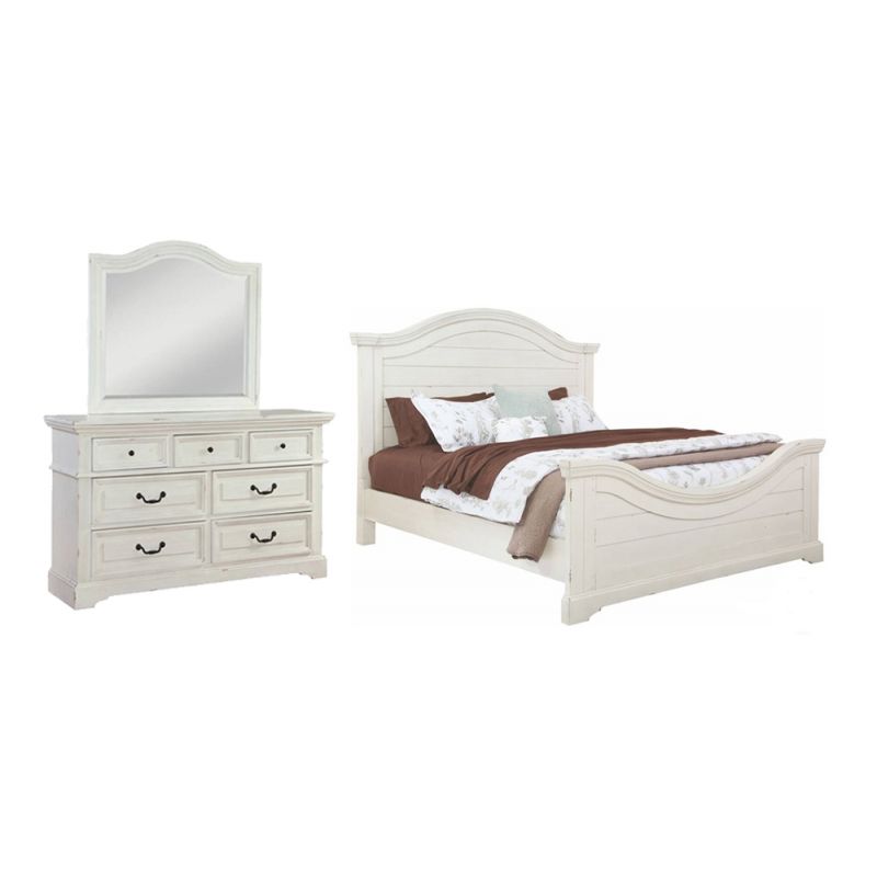American Woodcrafters - Stonebrook 3 Pc Bedroom Set - Queen Bed, Dresser, Mirror - Distressed Antique White - 7810-QPNPN-3PCS