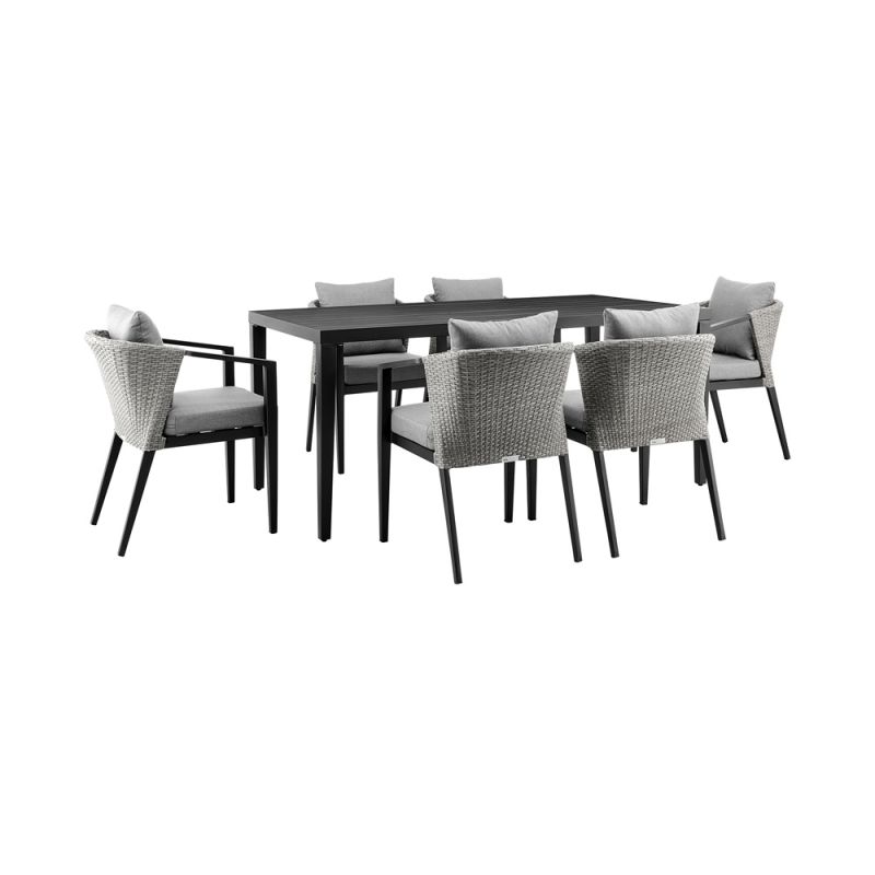 Armen Living - Aileen Outdoor Patio 7-Piece Dining Table Set in Aluminum and Wicker with Grey Cushions - 840254333222