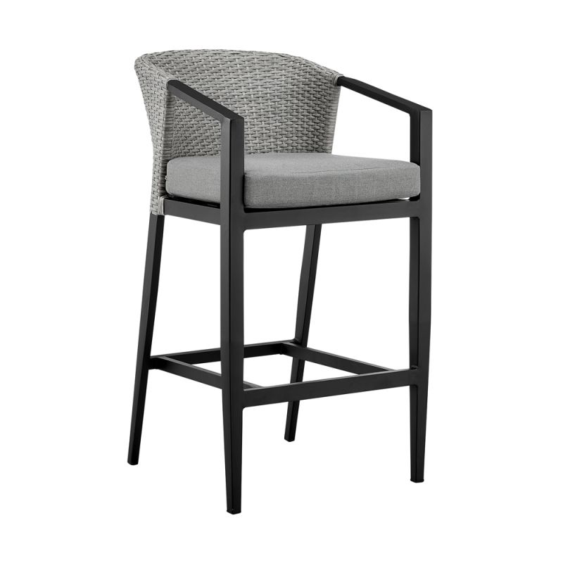 Armen Living - Aileen Outdoor Patio Bar Stool in Aluminum and Wicker with Grey Cushions - 840254333192