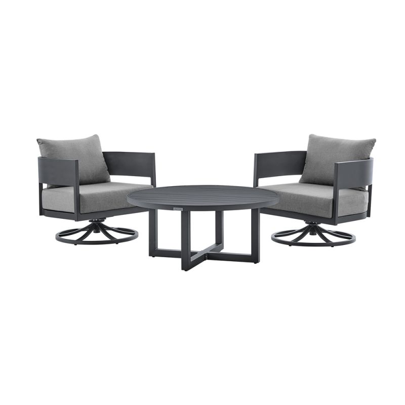 Armen Living - Argiope 3 Piece Patio Outdoor Swivel Seating Set in Dark Grey Aluminum with Grey Cushions - 840254332638