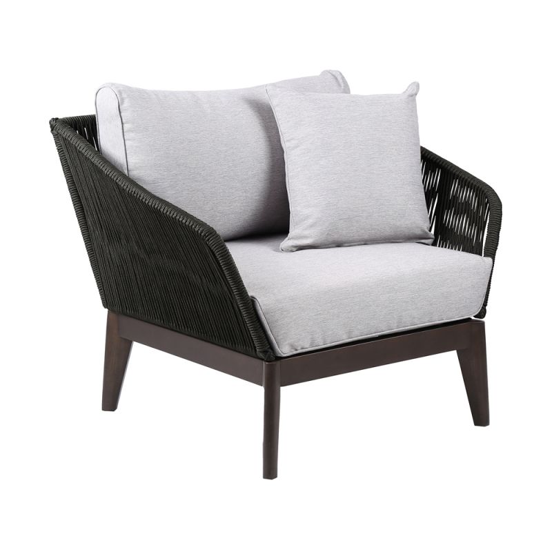 Armen Living - Athos Indoor Outdoor Club Chair in Dark Eucalyptus Wood with Latte Rope and Grey Cushions - LCATCHWDDK