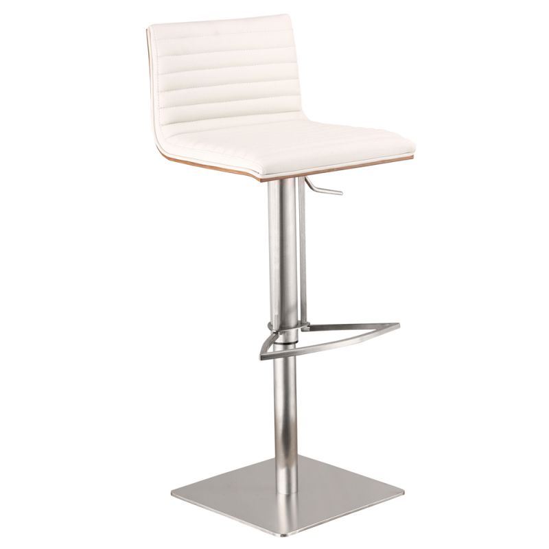 Armen Living - Cafe Adjustable Height Swivel White Faux Leather and Walnut Bar Stool with Brushed Stainless Steel Base - LCCASWBAWHB201