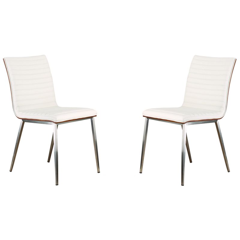 Armen Living - Cafe Brushed Stainless Steel Dining Chair in White Faux Leather with Walnut Back (Set of 2) - LCCACHWHB201