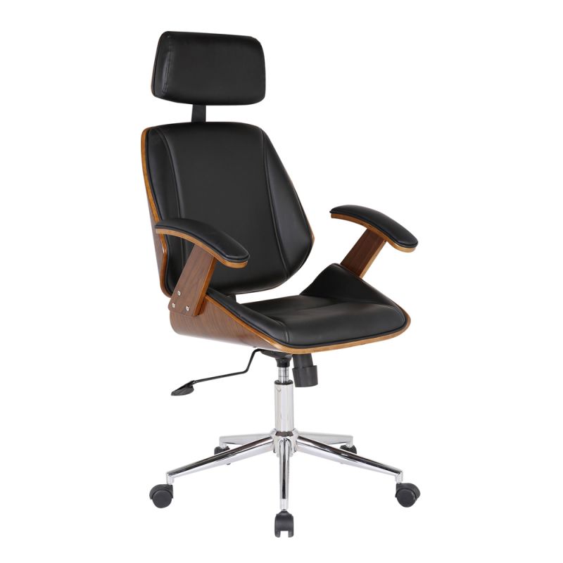 Armen Living - Century Office Chair with Multifunctional Mechanism in Chrome finish with Black Faux Leather and Walnut Veneer Back - LCCEOFCHBL