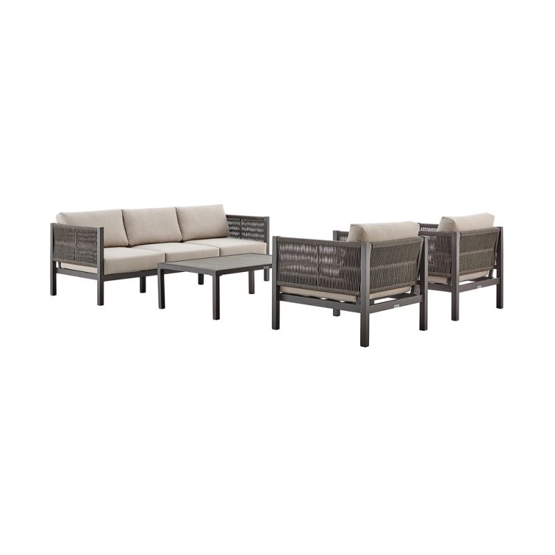 Armen Living - Cuffay 4 Piece Outdoor Patio Furniture Set in Brown Aluminum and Rope with Cushions - 840254332430