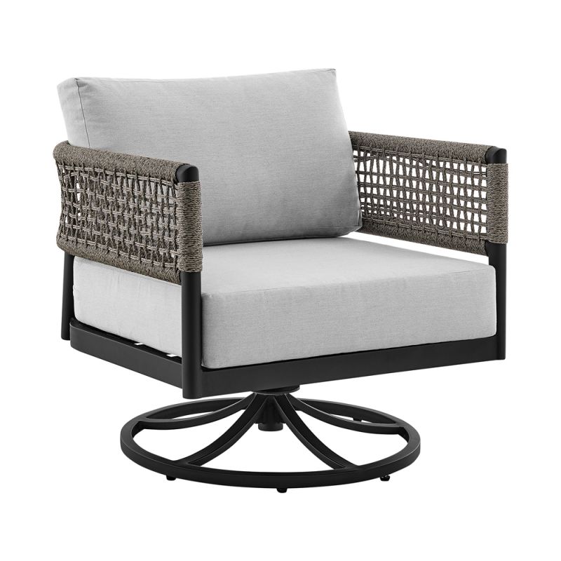 Armen Living - Felicia Outdoor Patio Swivel Rocking Chair in Black Aluminum and Grey Rope with Cushions - 840254332522