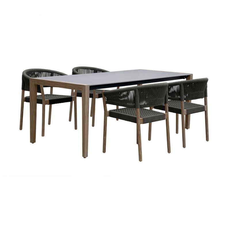 Armen Living - Fineline and Doris Indoor Outdoor 5 Piece Dining Set in Light Eucalyptus Wood with Superstone with Charcoal Rope - SETFLDILT5DOCH