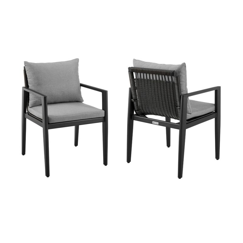 Armen Living - Grand Outdoor Patio Dining Chairs with Arms in Aluminum with Grey Cushions (Set of 2) - 840254332683
