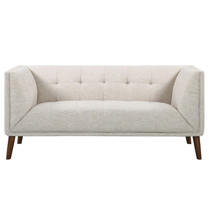 Armen Living - Hudson Mid-Century Button-Tufted Loveseat in Beige Linen and Walnut Legs - LCHU2BE