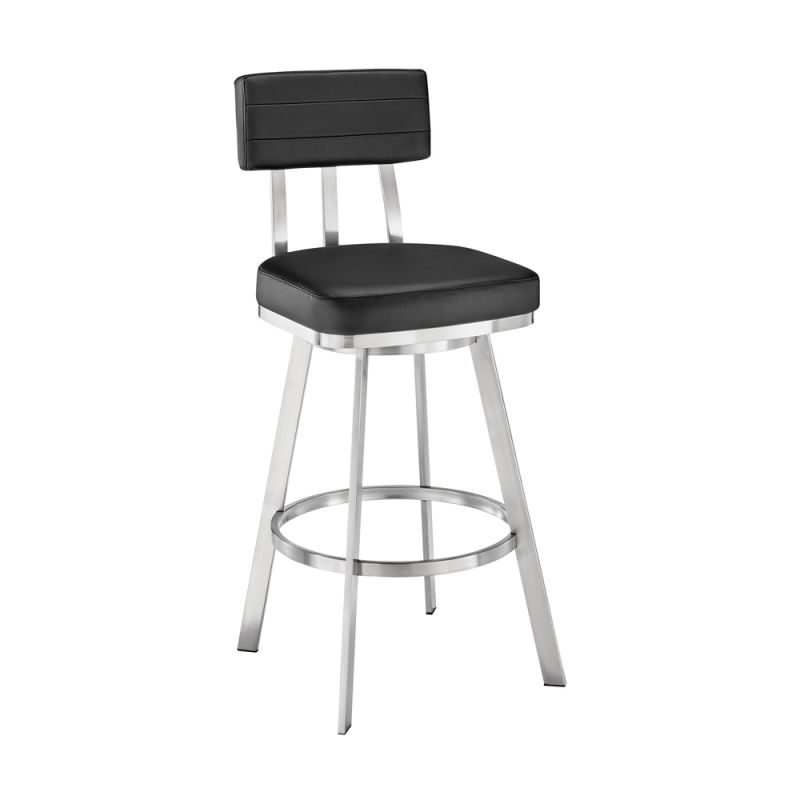 Armen Living - Jinab Swivel Bar Stool in Brushed Stainless Steel with Black Faux Leather - 840254335271