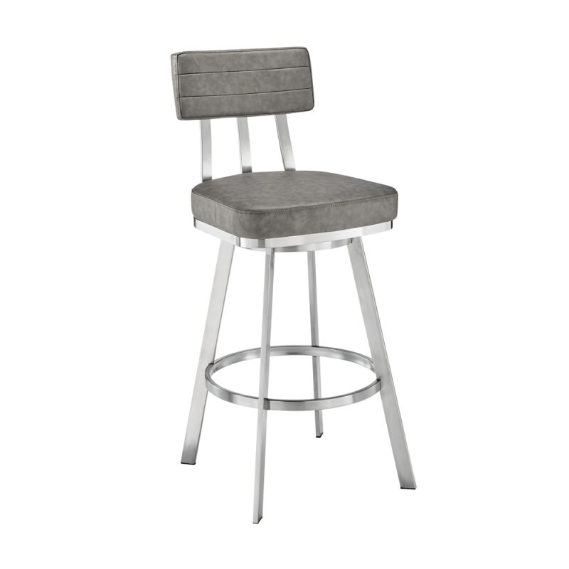Armen Living - Jinab Swivel Bar Stool in Brushed Stainless Steel with Grey Faux Leather - 840254335295
