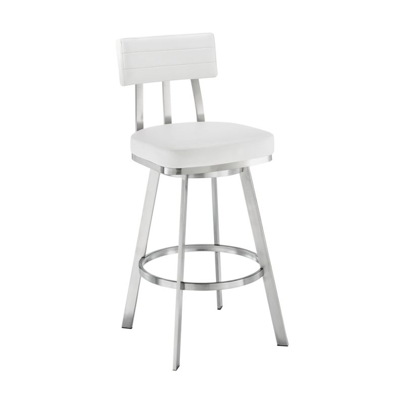 Armen Living - Jinab Swivel Bar Stool in Brushed Stainless Steel with White Faux Leather - 840254335318