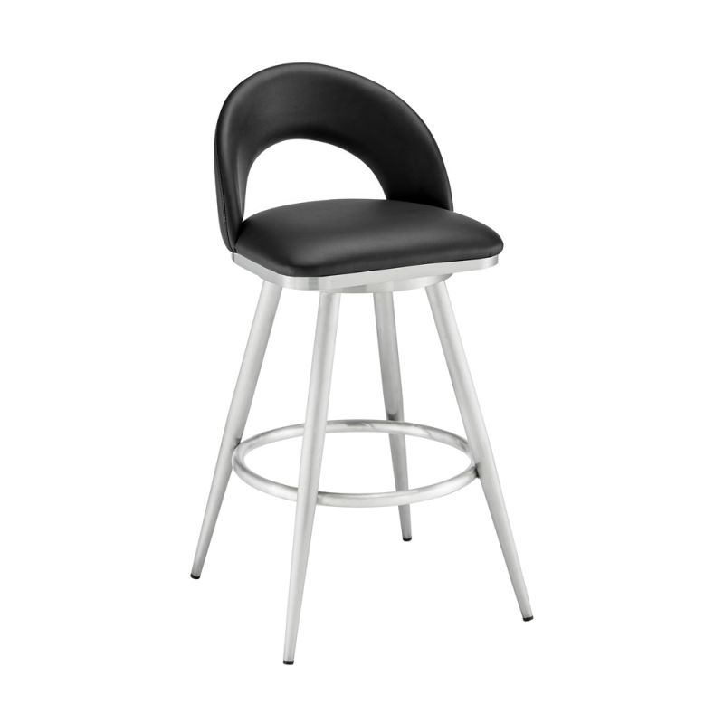Armen Living - Lottech Swivel Bar Stool in Brushed Stainless Steel with Black Faux Leather - 840254335400