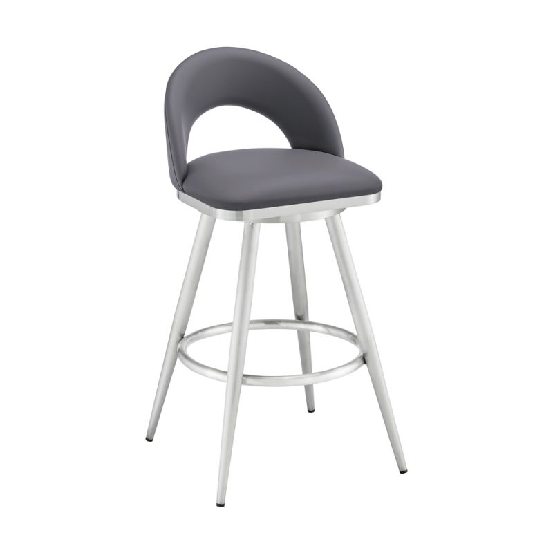 Armen Living - Lottech Swivel Bar Stool in Brushed Stainless Steel with Grey Faux Leather - 840254335417