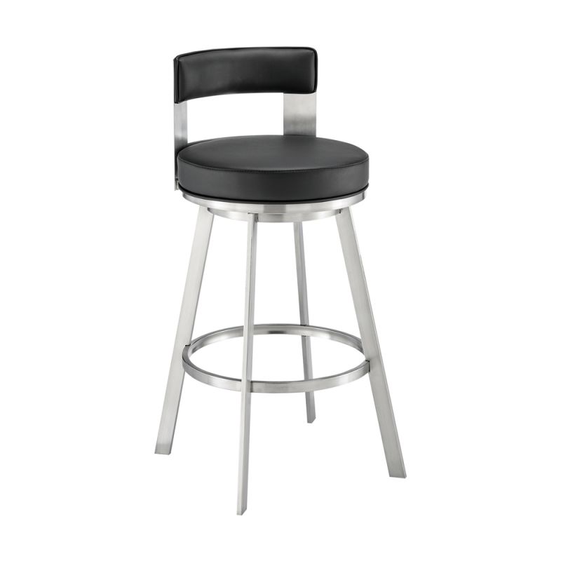 Armen Living - Lynof Swivel Bar Stool in Brushed Stainless Steel with Black Faux Leather - 840254335516
