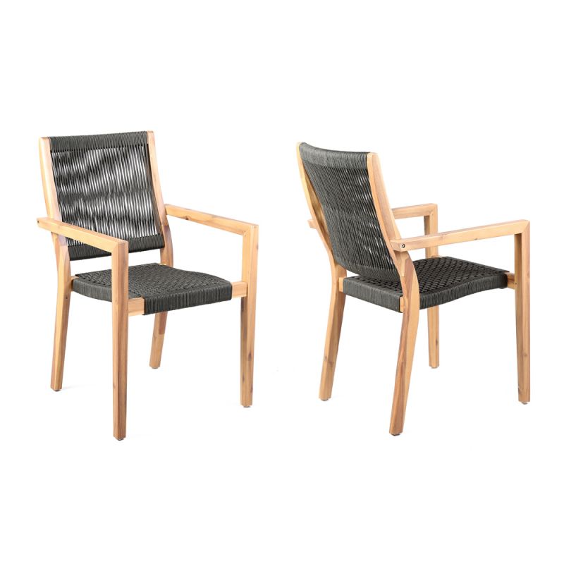 Armen Living - Madsen Outdoor Eucalyptus Wood and Charcoal Rope Dining Chairs with Grey Teak Finish (Set of 2) - LCMASICHEU