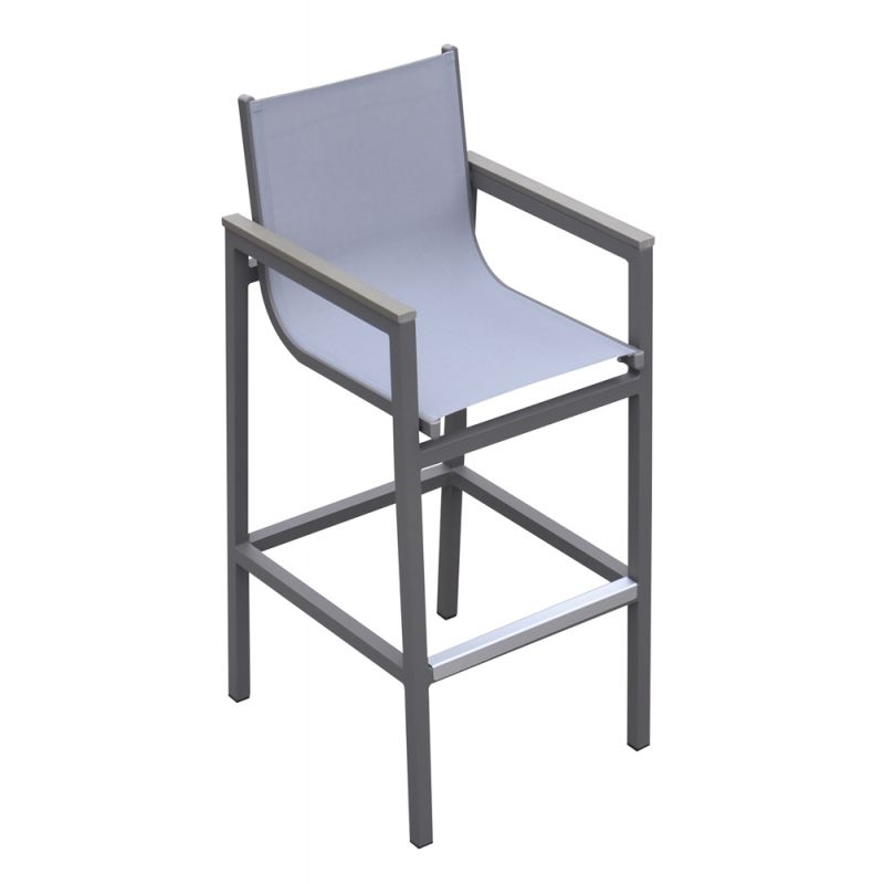 Armen Living - Marina Outdoor Patio Barstool in Grey Powder Coated Finish with Grey Sling Textilene and Grey Wood Accent Arms - LCMABAGR