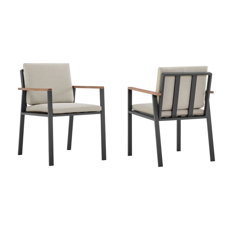 Armen Living - Nofi Outdoor Patio Dining Chair in Charcoal Finish with Taupe Cushions and Teak Wood Accent Arms (Set of 2) - LCNOCHBE