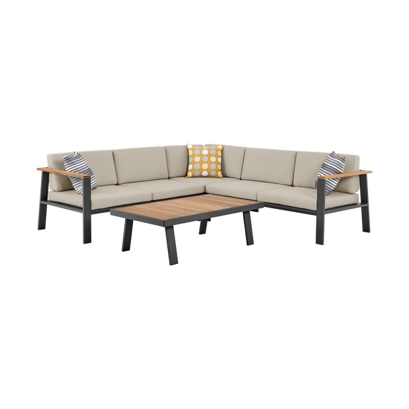 Armen Living - Nofi Outdoor Patio Sectional Set in Charcoal Finish with Taupe Cushions and Teak Wood  - SETODNOSEBE