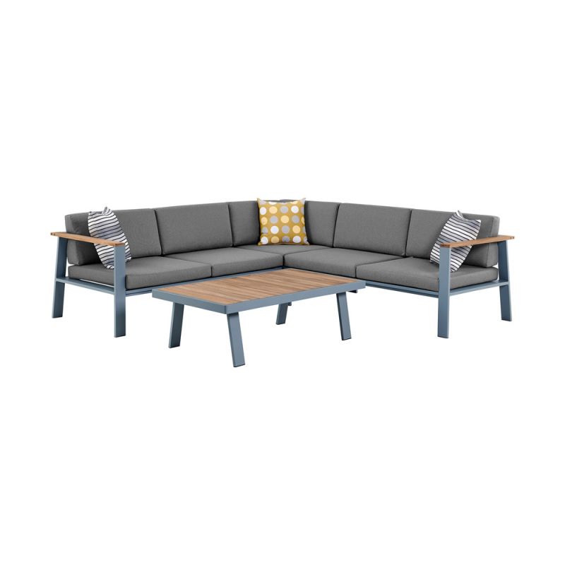 Armen Living - Nofi Outdoor Patio Sectional Set in Gray Finish with Gray Cushions and Teak Wood - SETODNOSEGR