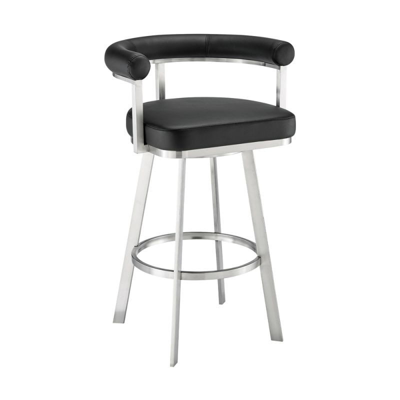 Armen Living - Nolagam Swivel Bar Stool in Brushed Stainless Steel with Black Faux Leather - 840254335660