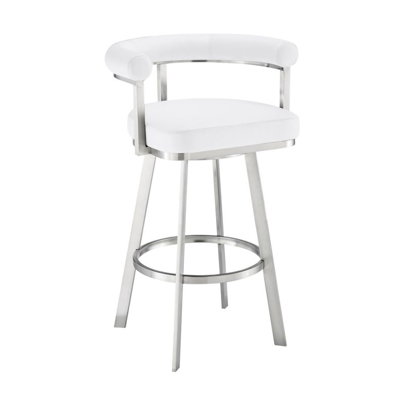 Armen Living - Nolagam Swivel Bar Stool in Brushed Stainless Steel with White Faux Leather - 840254335684