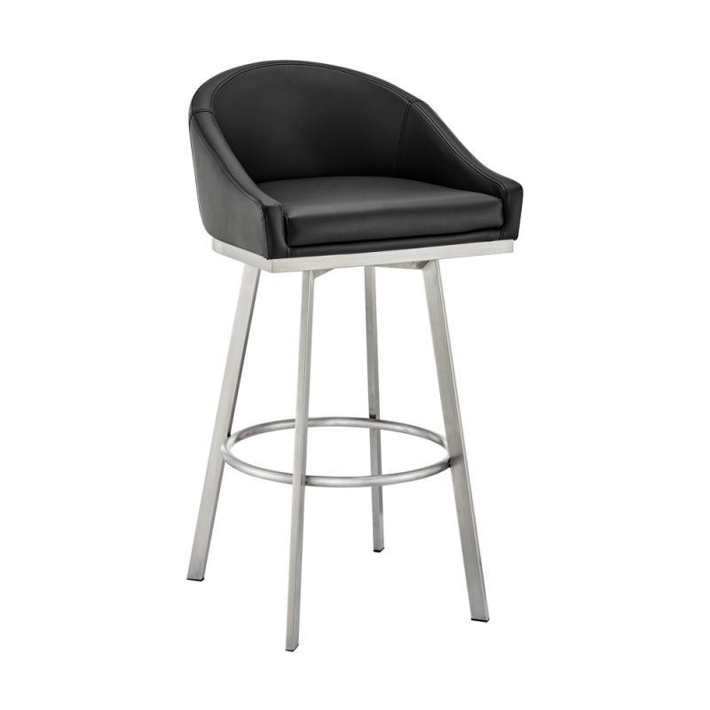 Armen Living - Noran Swivel Bar Stool in Brushed Stainless Steel with Black Faux Leather  - 840254335707