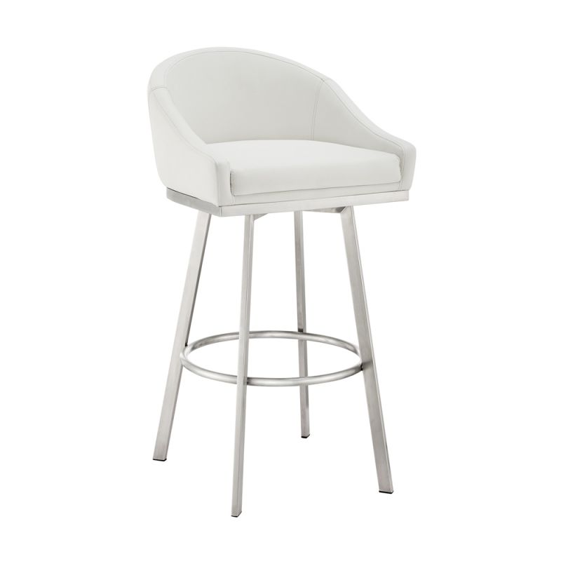 Armen Living - Noran Swivel Bar Stool in Brushed Stainless Steel with White Faux Leather - 840254335691