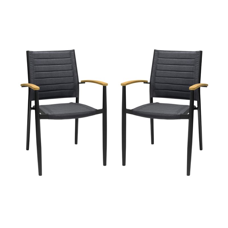 Armen Living - Portals Outdoor Black Aluminum Stacking Dining Chair with Teak Arms (Set of 2) - LCPDCHBLACK