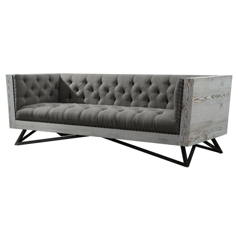 Armen Living - Regis Contemporary Sofa in Gray Fabric with Black Metal Finish Legs and Antique Brown Nailhead Accents - LCRE3GR