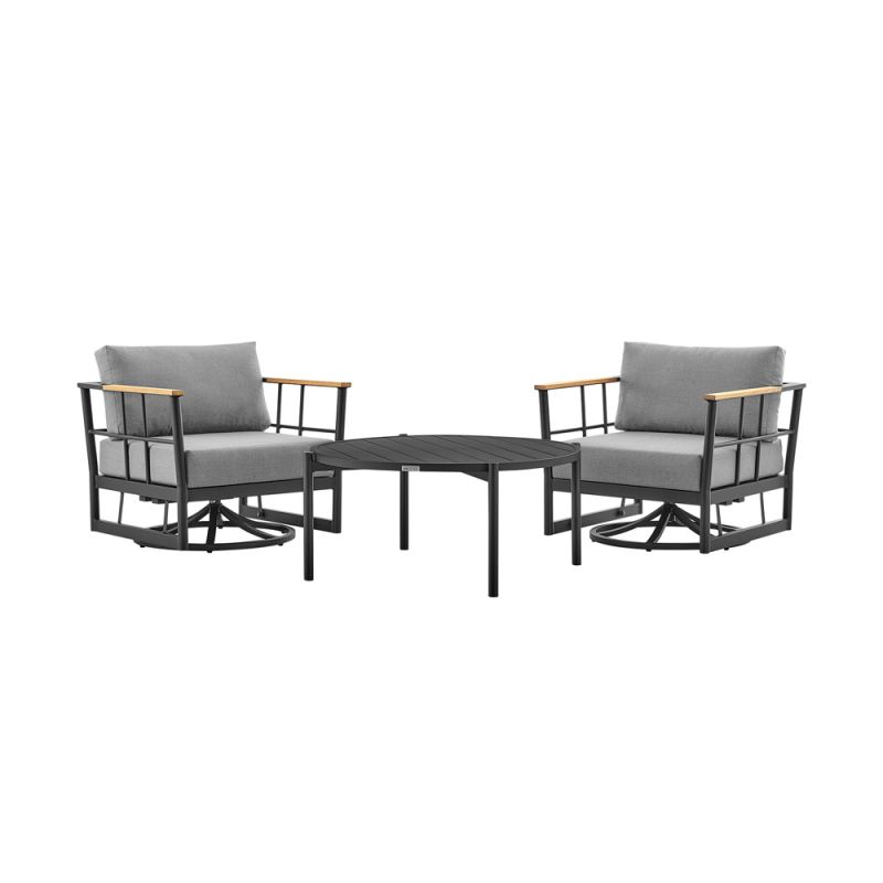 Armen Living - Shari and Tiffany 3 Piece Patio Outdoor Swivel Seating Set in Black Aluminum with Grey Cushions - 840254332607