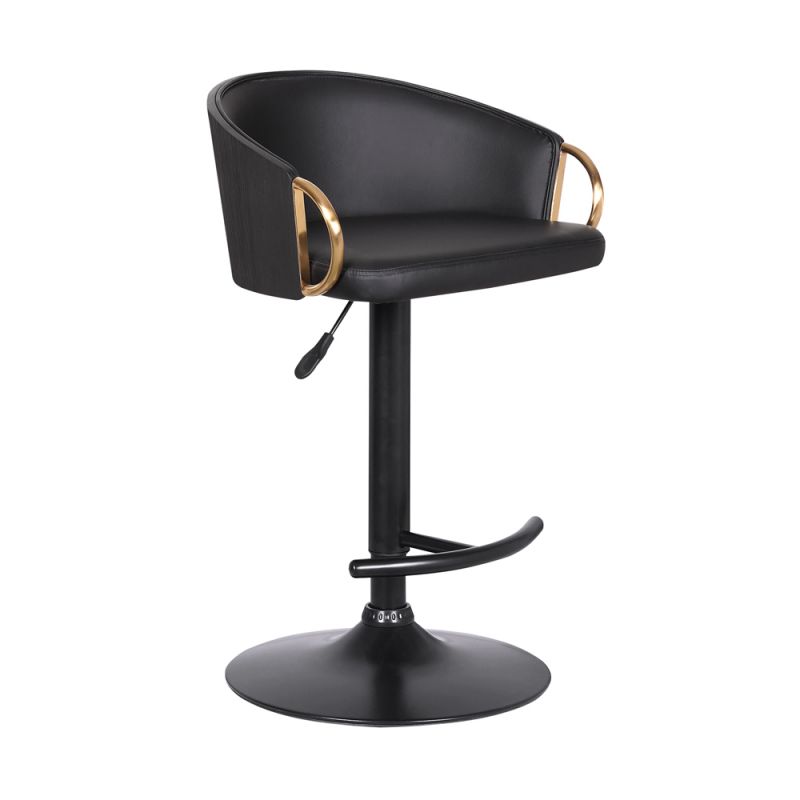 Armen Living - Solstice Adjustable Black Faux Leather Swivel Barrstool With Black Powder Coated Finish and Gold Accents - LCSCBABLBL
