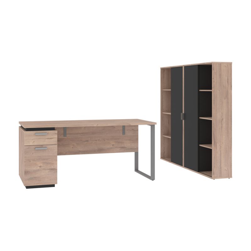Bestar - Aquarius 66W Desk with Single Pedestal and Storage Cabinets in Rustic Brown & Graphite - 114851-000009