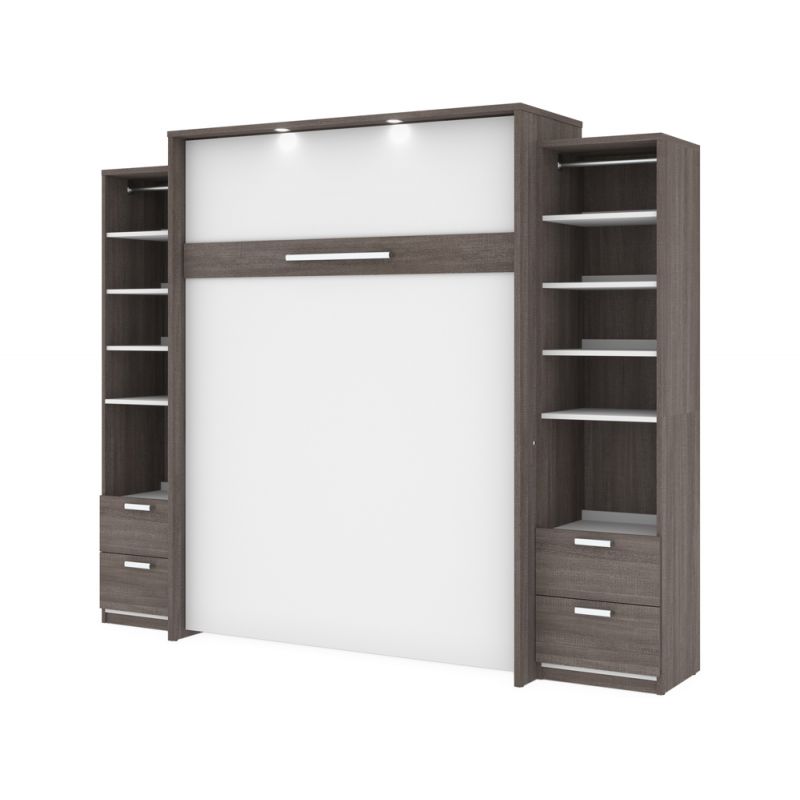 Bestar - Cielo 105W Queen Murphy Bed and 2 Narrow Shelving Units with Drawers (104W) in Bark Grey & White - 80883-47