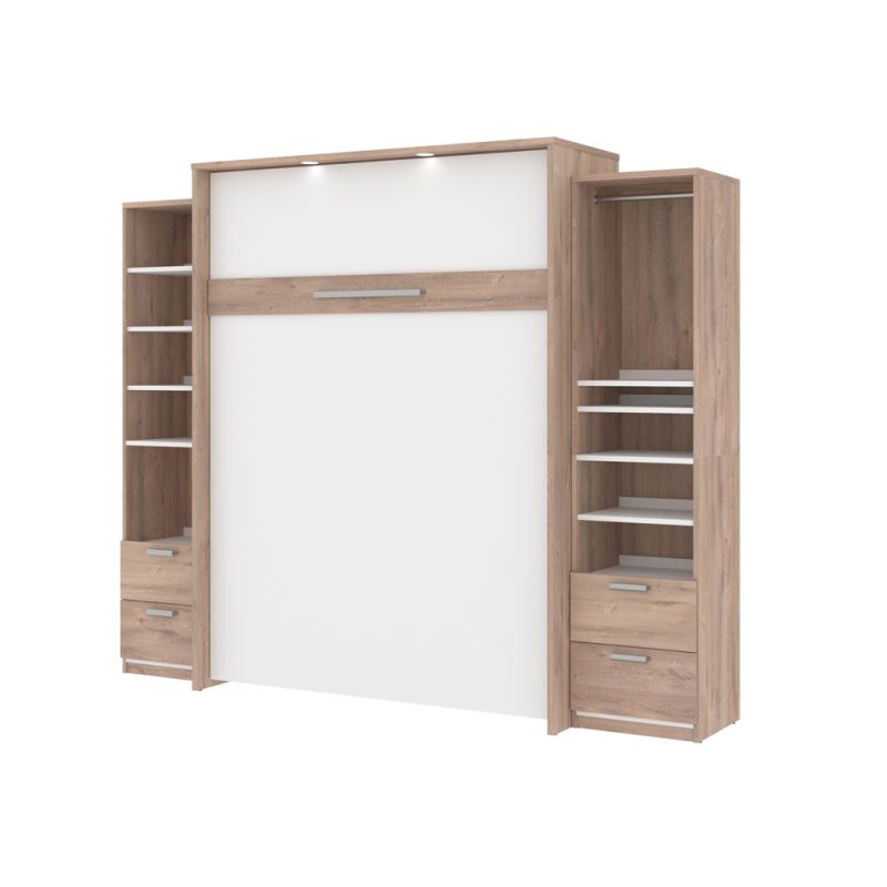 Bestar - Cielo 105W Queen Murphy Bed and 2 Narrow Shelving Units with Drawers (104W) in Rustic Brown & White - 80883-000009