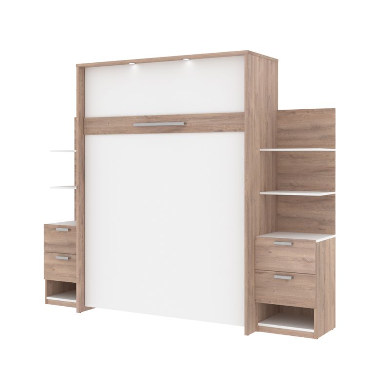 Bestar - Cielo 105W Queen Murphy Bed with Floating Shelves and Drawers (104W) in Rustic Brown & White - 80881-000009