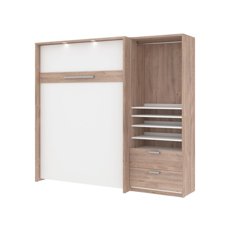 Bestar - Cielo Full Murphy Bed and Shelving Unit with Drawers (89W) in Rustic Brown & White - 80892-000009