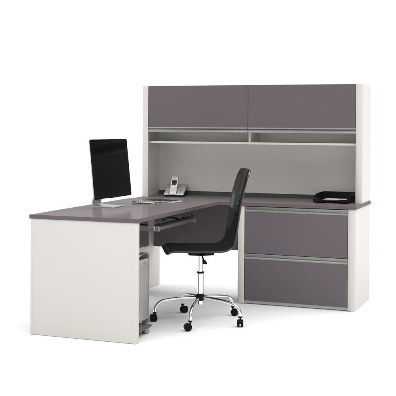 Bestar - Connexion 72W L-Shaped Desk with Lateral File Cabinet and Hutch in Slate & Sandstone - 93867-59