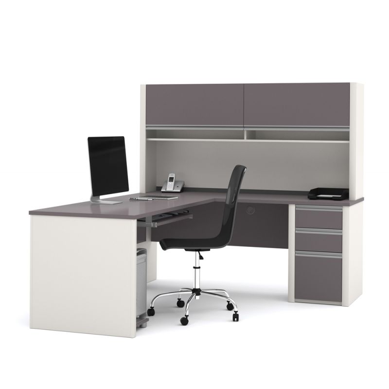 Bestar - Connexion 72W L-Shaped Desk with Pedestal and Hutch in Slate & Sandstone - 93859-59