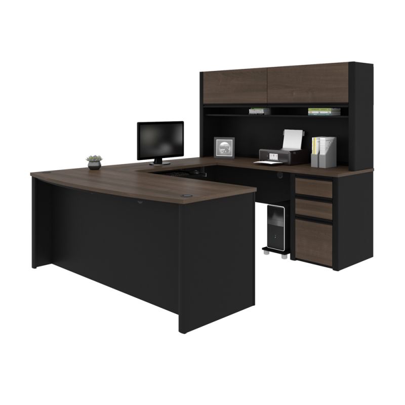 Bestar - Connexion 72W U-Shaped Executive Desk with Pedestal and Hutch in Antigua & Black - 93879-000052
