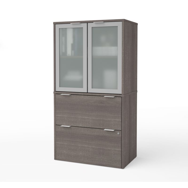Bestar - I3 Plus 31W Lateral File Cabinet with Frosted Glass Doors Hutch in Bark Grey - 160870-47