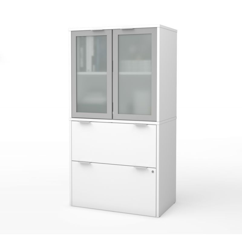 Bestar - I3 Plus 31W Lateral File Cabinet with Frosted Glass Doors Hutch in White - 160870-17