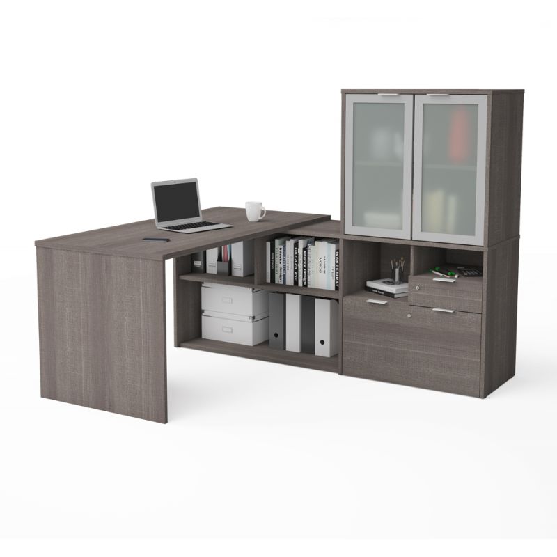 Bestar - I3 Plus 72W L-Shaped Desk with Frosted Glass Door Hutch in Bark Grey - 160851-47