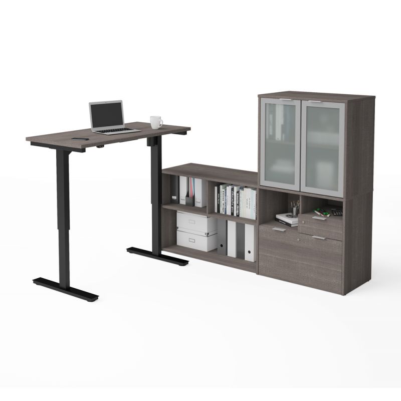 Bestar - I3 Plus 72W L-Shaped Standing Desk and Hutch with Frosted Glass Doors in Bark Grey - 160886-47