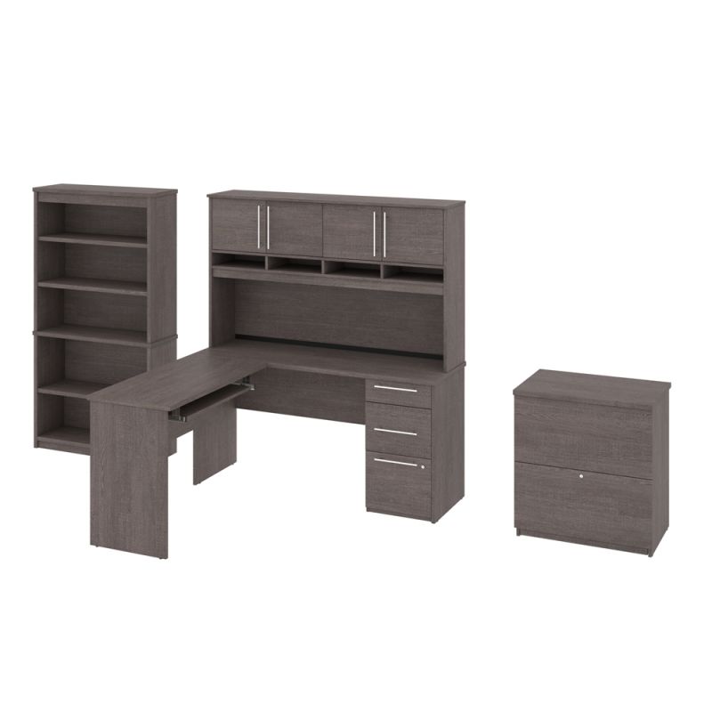 Bestar - Innova 60W L-Shaped Desk with Hutch, Lateral File Cabinet, and Bookcase in Bark Grey - 92853-000047