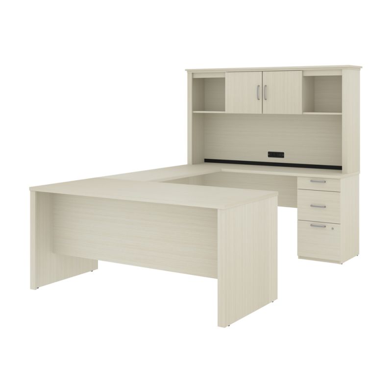 Bestar - Logan 66W U Or L-Shaped Executive Office Desk with Pedestal and Hutch in White Chocolate - 46410-31