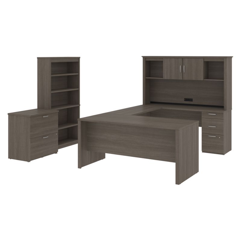 Bestar - Logan 66W U-Shaped Desk with Hutch, Lateral File Cabinet, and Bookcase in Bark Grey - 46851-47