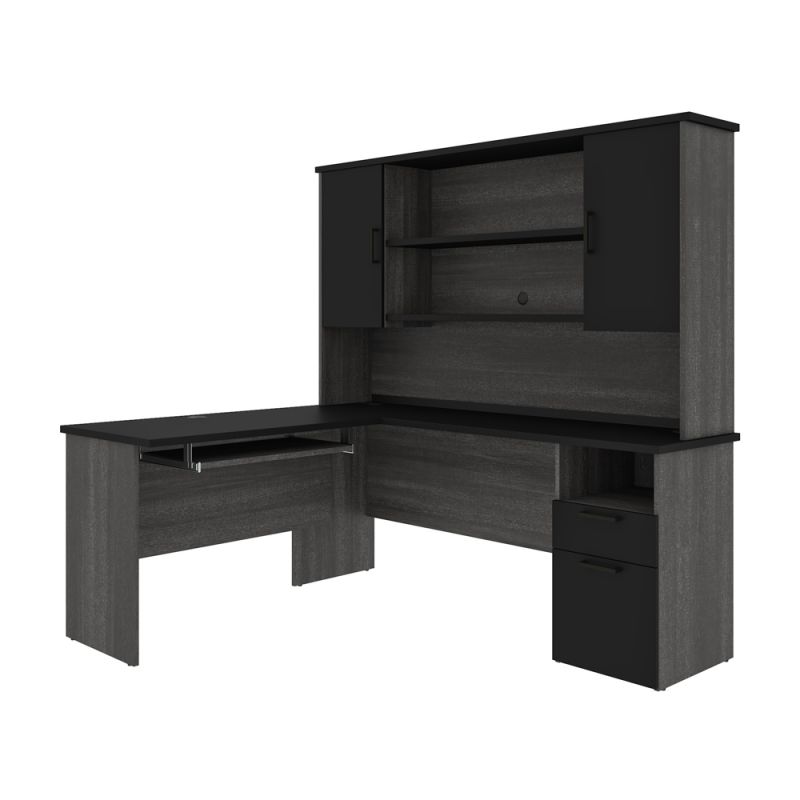 Bestar - Norma 71W L-Shaped Desk with Hutch in Black & Bark Gray - 181850-000018