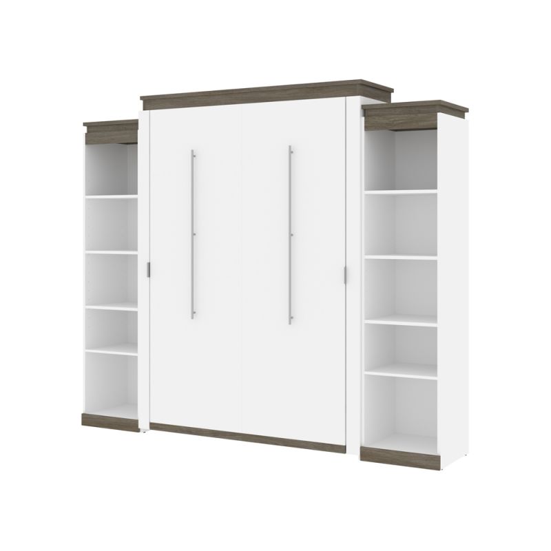 Bestar - Orion 104W Queen Murphy Bed with 2 Narrow Shelving Units (105W) in White & Walnut Grey - 116884-000017