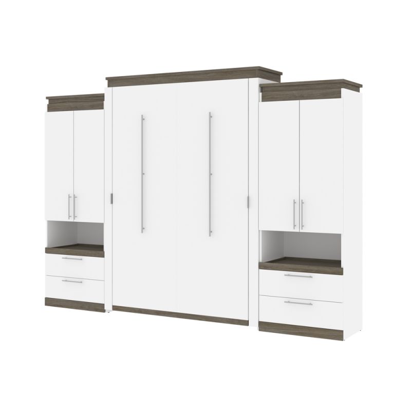 Bestar - Orion 124W Queen Murphy Bed and 2 Storage Cabinets with Pull-Out Shelves (125W) in White & Walnut Grey - 116870-000017